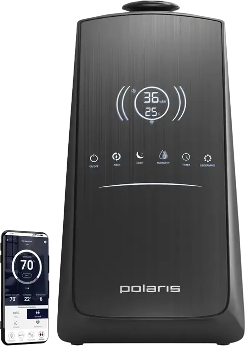 Polaris PUH9105 Ultrasonic Air Humidifier, 5L Tank, 45m2 Coverage, Ionization, Aromatizer, Digital Touch LED, Remote & App Control, Black