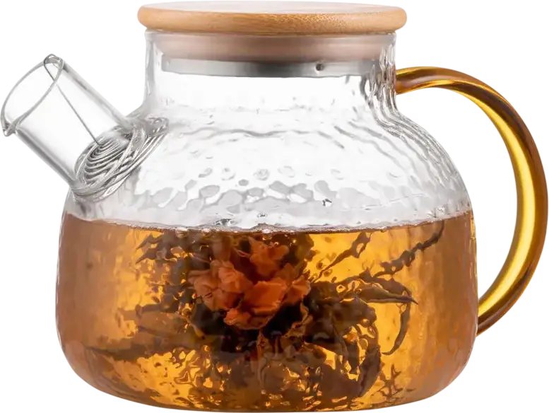 Ardesto AR3010GH Dew Borosilicate Glass Teapot with Infuser, 1L Capacity, Bamboo Lid, Golden Handle, Transparent Fluted Design, Dishwasher Safe