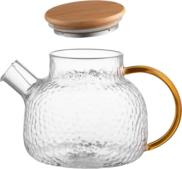 Ardesto AR3010GH Dew Borosilicate Glass Teapot with Infuser, 1L Capacity, Bamboo Lid, Golden Handle, Transparent Fluted Design, Dishwasher Safe