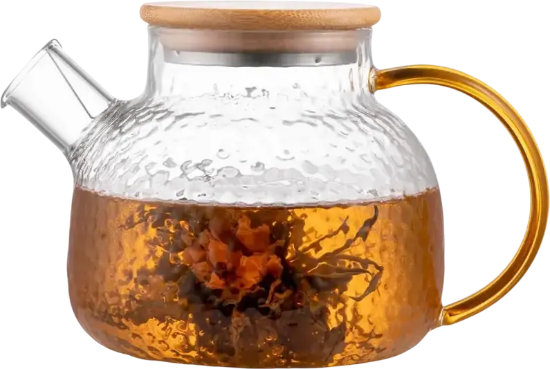 Ardesto AR3010GH Dew Borosilicate Glass Teapot with Infuser, 1L Capacity, Bamboo Lid, Golden Handle, Transparent Fluted Design, Dishwasher Safe