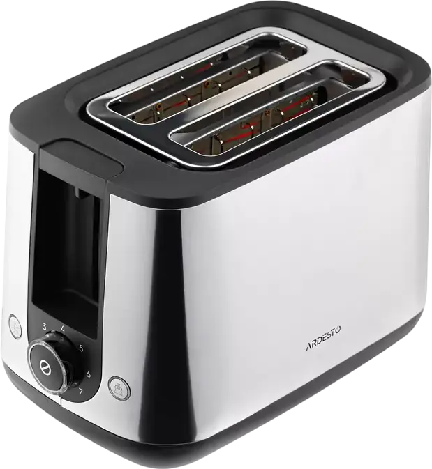 Prăjitor de pâine Ardesto T-K200 Steel Collection, 800W, 2 fante, 7 nivele de prăjire, Inox, Funcții de Reîncălzire și Dezghețare, Tavă pentru firimituri