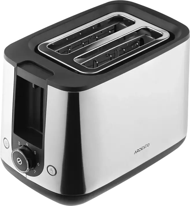 Prăjitor de pâine Ardesto T-K200 Steel Collection, 800W, 2 fante, 7 nivele de prăjire, Inox, Funcții de Reîncălzire și Dezghețare, Tavă pentru firimituri