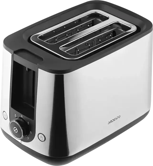 Prăjitor de pâine Ardesto T-K200 Steel Collection, 800W, 2 fante, 7 nivele de prăjire, Inox, Funcții de Reîncălzire și Dezghețare, Tavă pentru firimituri