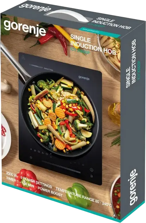 Gorenje ICY2000SP Portable Induction Hob, 2000W, 1 Cooking Zone, 9 Power Levels, Touch Control, Digital LCD, Vitroceramic Surface, PowerBoost, Child Lock, Black