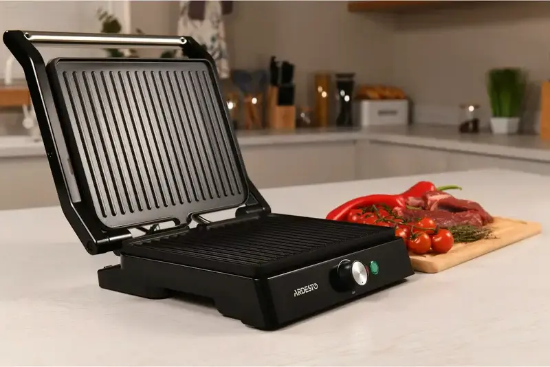 Ardesto GH-1800MB Electric Contact Grill, 1800W, Ceramic Non-Stick Grooved Plates 27x22cm, 180° Opening Angle, Adjustable Temperature, Black/Silver