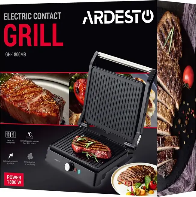 Ardesto GH-1800MB Electric Contact Grill, 1800W, Ceramic Non-Stick Grooved Plates 27x22cm, 180° Opening Angle, Adjustable Temperature, Black/Silver