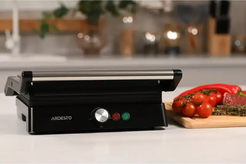 Ardesto GH-1800MB Electric Contact Grill, 1800W, Ceramic Non-Stick Grooved Plates 27x22cm, 180° Opening Angle, Adjustable Temperature, Black/Silver