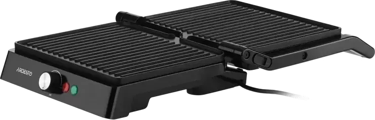 Ardesto GH-1800MB Electric Contact Grill, 1800W, Ceramic Non-Stick Grooved Plates 27x22cm, 180° Opening Angle, Adjustable Temperature, Black/Silver
