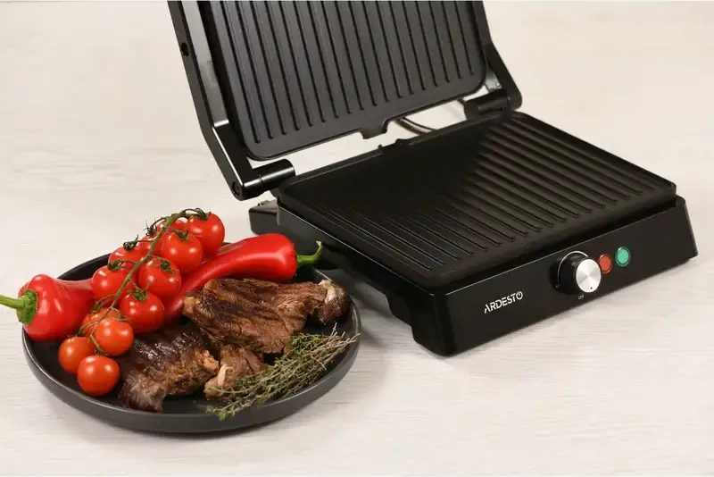 Ardesto GH-1800MB Electric Contact Grill, 1800W, Ceramic Non-Stick Grooved Plates 27x22cm, 180° Opening Angle, Adjustable Temperature, Black/Silver