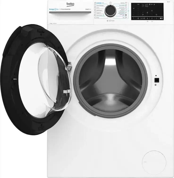 Beko BM3WFU410415WB Front-Loading Washing Machine, 10 kg Capacity, 1400 rpm, Energy Class A, ProSmart Inverter Motor, Steam Cleaning, White/Black