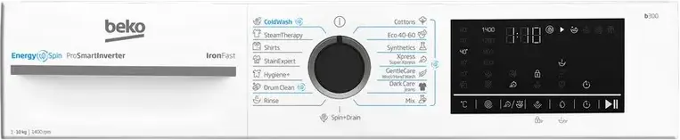 Beko BM3WFU410415WB Front-Loading Washing Machine, 10 kg Capacity, 1400 rpm, Energy Class A, ProSmart Inverter Motor, Steam Cleaning, White/Black