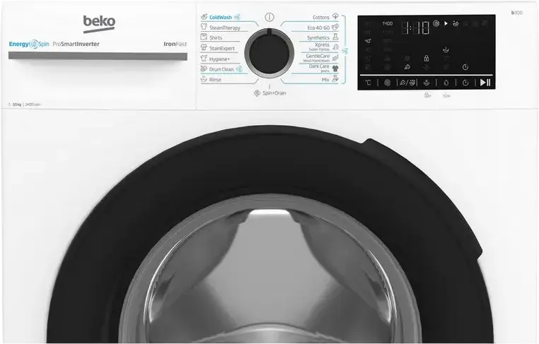 Beko BM3WFU410415WB Front-Loading Washing Machine, 10 kg Capacity, 1400 rpm, Energy Class A, ProSmart Inverter Motor, Steam Cleaning, White/Black