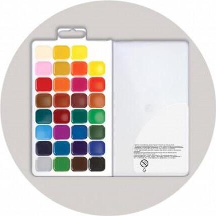 Culori de Acvarea cu Miere Luch Classica, 32 Culori Intense în Goduri Rotunde, Cutie Plastic cu Capac Transparent și Euro-hanger, Set pentru Copii și Școală