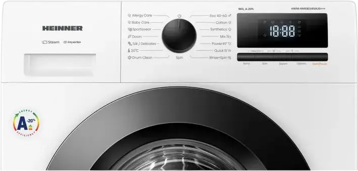 Heinner HWM-HME8014IVA20+++ Front Load Washing Machine, 8kg Capacity, 1400 rpm, Inverter Motor, Energy Class A, Steam Functions, LED Display, White