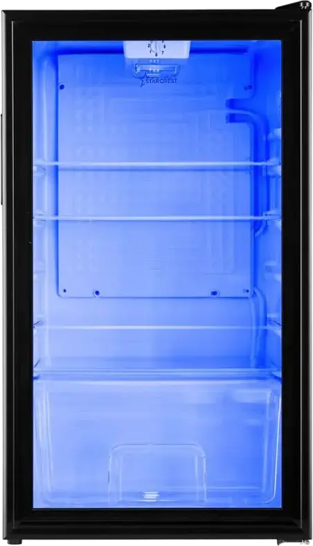 STARCREST SBC-92BKE Beverage Cooler, 93L Single Door Glass Refrigerator, 35 Bottle Capacity, LED Lighting, Tempered Glass Shelves, Black, 47x44x83.2 cm