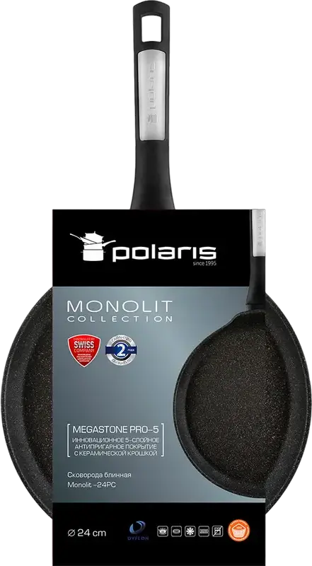 Polaris Monolit-24PC Crepe Pan, 24 cm Forged Aluminum with Megastone PRO-5 Non-Stick Ceramic Coating, Induction Compatible, Bakelite Handle, Black