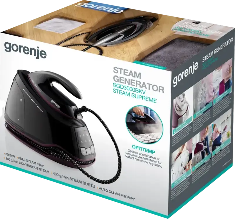 Gorenje SGD3000BKV Steam Supreme Steam Generator Iron, 3000W, 8 bar Pressure, 480g/min Boost, Ceramic Soleplate, OptiTemp, Anti-calc, Black