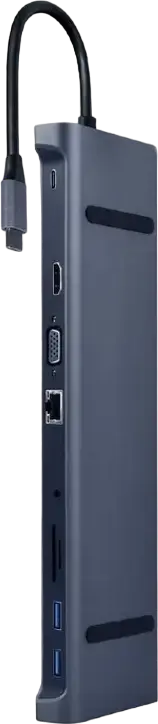 Док-станция Gembird A-CM-COMBO10-01 10-в-1 USB-C, 4K HDMI, VGA, Gigabit Ethernet RJ45, Power Delivery 87W, картридер SD/MicroSD, металл, серый