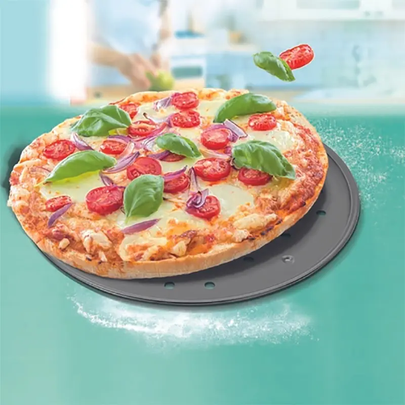 Tefal EasyBake J1740874 Round Pizza Baking Tray, 32 cm Carbon Steel with Non-Stick Coating and Perforated Bottom for Air Circulation, Grey