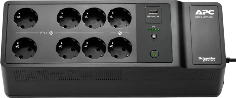 APC Back-UPS BE650G2-GR Standby UPS 650VA / 400W, 8 Schuko Outlets, Surge Protection, USB Charging Port, User-Replaceable Battery, Black