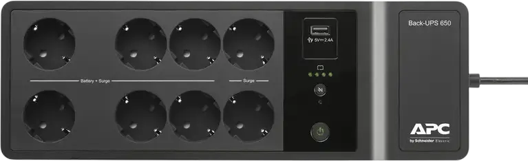 APC Back-UPS BE650G2-GR Standby UPS 650VA / 400W, 8 Schuko Outlets, Surge Protection, USB Charging Port, User-Replaceable Battery, Black