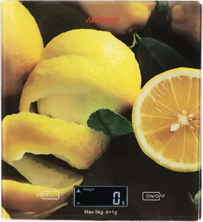 Ardesto SCK-893 Electronic Kitchen Scale, Lemon, 5kg Capacity, 1g Precision, Tempered Glass Platform, LED Display, Tare Function, g/lb/oz Units