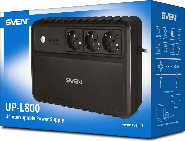 SVEN UP-L800 Line Interactive UPS 800VA 400W with AVR, USB Port, 3 EU Outlets, Wall-Mountable, Fireproof Plastic, Black