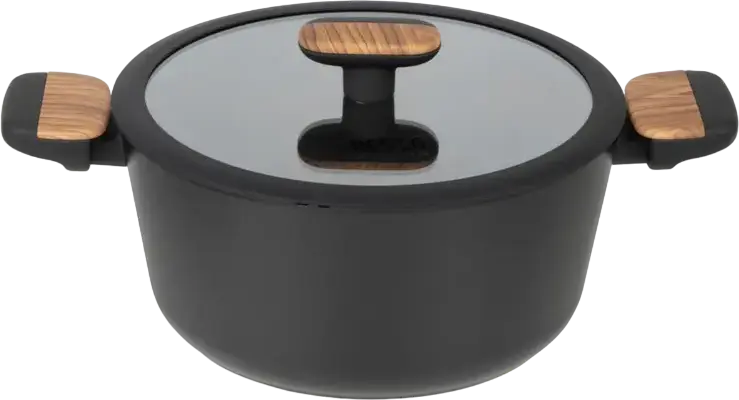 Resto Kitchenware 93188 MON Aluminum Casserole Pot, 4.4L, 24cm, Non-stick Pfluon Coating, Wood Handles, Glass Lid, Induction & All Hobs Compatible