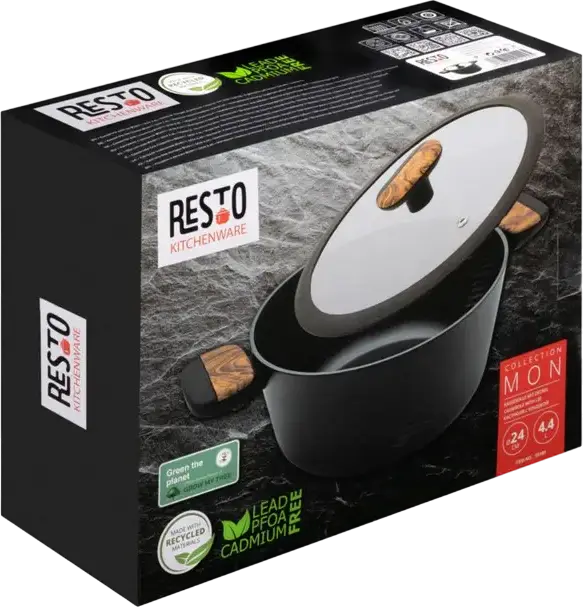 Resto Kitchenware 93188 MON Aluminum Casserole Pot, 4.4L, 24cm, Non-stick Pfluon Coating, Wood Handles, Glass Lid, Induction & All Hobs Compatible