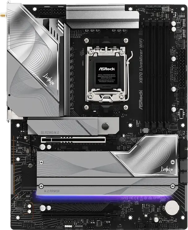 Материнская плата ASRock X870 LiveMixer WiFi AM5 ATX для AMD Ryzen 9000/8000/7000 DDR5 8000+MHz PCIe 5.0 USB4 WiFi 7 Bluetooth 5.4 LAN 5GbE 25 портов USB