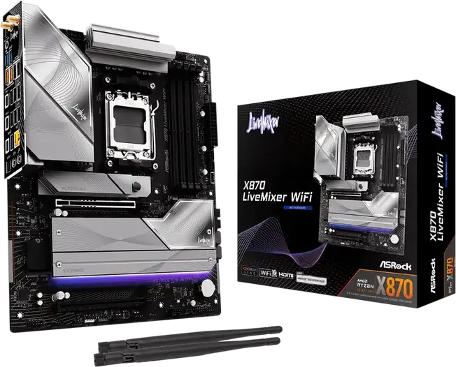 Материнская плата ASRock X870 LiveMixer WiFi AM5 ATX для AMD Ryzen 9000/8000/7000 DDR5 8000+MHz PCIe 5.0 USB4 WiFi 7 Bluetooth 5.4 LAN 5GbE 25 портов USB