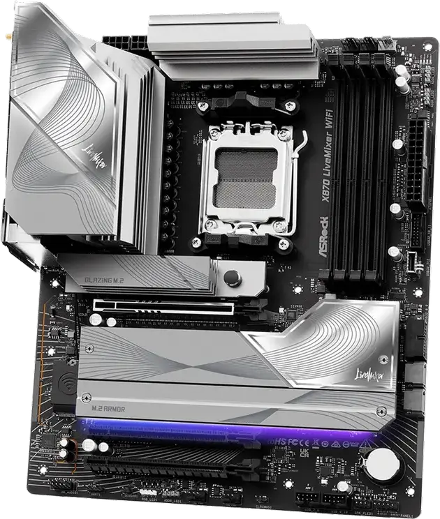 Материнская плата ASRock X870 LiveMixer WiFi AM5 ATX для AMD Ryzen 9000/8000/7000 DDR5 8000+MHz PCIe 5.0 USB4 WiFi 7 Bluetooth 5.4 LAN 5GbE 25 портов USB