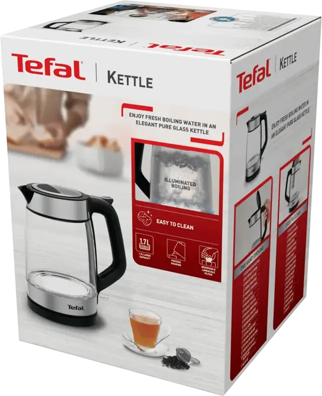 Электрический чайник Tefal KI605B30, объем 1.7 л, мощность 2200 Вт, корпус из стекла и нержавеющей стали, синяя LED-подсветка, база 360°, черный