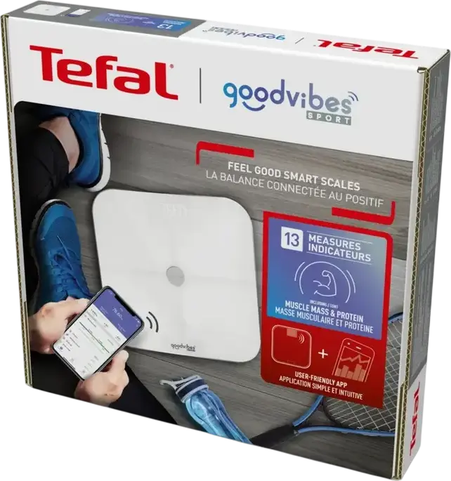 Tefal BM9640S1 Goodvibes Sport Smart Body Scale, 180kg Capacity, 13 Body Metrics, Bluetooth Connectivity, Tempered Glass, White