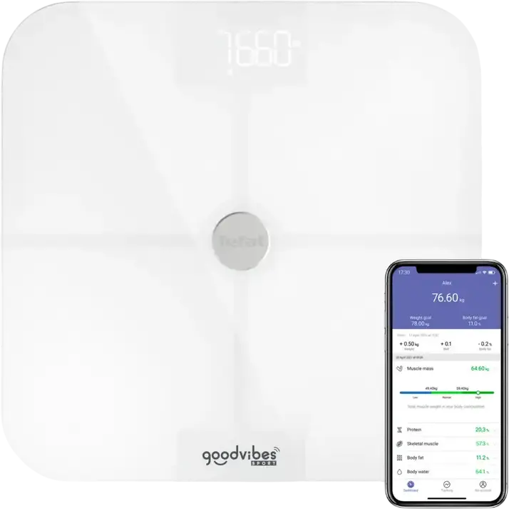 Tefal BM9640S1 Goodvibes Sport Smart Body Scale, 180kg Capacity, 13 Body Metrics, Bluetooth Connectivity, Tempered Glass, White
