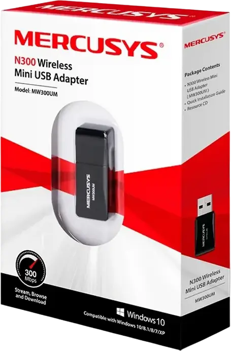Adaptor Wi-Fi USB Mercusys MW300UM N300 Wireless Mini Dongle 300Mbps 2.4GHz IEEE 802.11b/g/n USB 2.0 Soft AP Mode Windows 11/10/8.1/8/7/XP Negru
