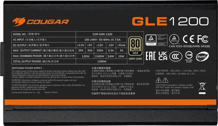 Cougar GLE 1200W Power Supply, CGR GMX-1200, 80 PLUS Gold Efficiency, ATX 3.1, Fully Modular, Active PFC, 135mm Fan, Black