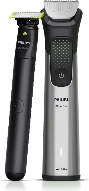 Philips MG9557/15 Series 9000 All-in-One Trimmer, 20-in-1 Face Head Body Groomer with OneBlade, Stainless Steel Self-Sharpening Blades, 27 Length Settings, 120 min Runtime, Waterproof, Silver