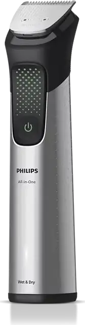 Philips MG9557/15 Series 9000 All-in-One Trimmer, 20-in-1 Face Head Body Groomer with OneBlade, Stainless Steel Self-Sharpening Blades, 27 Length Settings, 120 min Runtime, Waterproof, Silver
