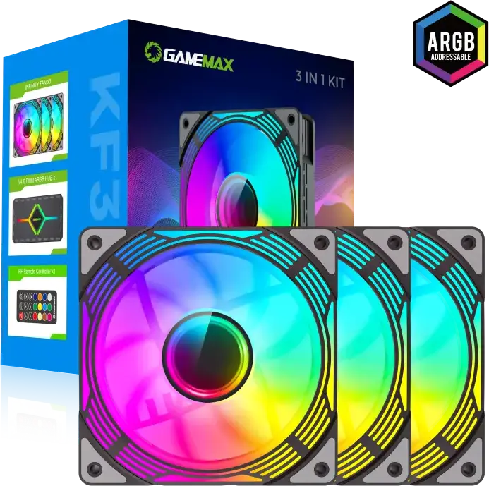 Kit Ventilatoare Carcasa Gamemax KF300 ARGB, 120mm PWM cu Rulment Hidraulic, Hub ARGB V4.0, Telecomanda, Compatibil AURA Sync, Negru