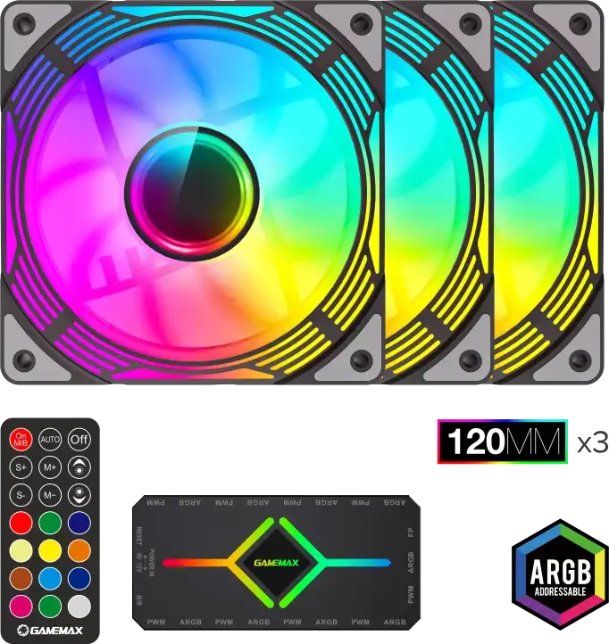 Kit Ventilatoare Carcasa Gamemax KF300 ARGB, 120mm PWM cu Rulment Hidraulic, Hub ARGB V4.0, Telecomanda, Compatibil AURA Sync, Negru