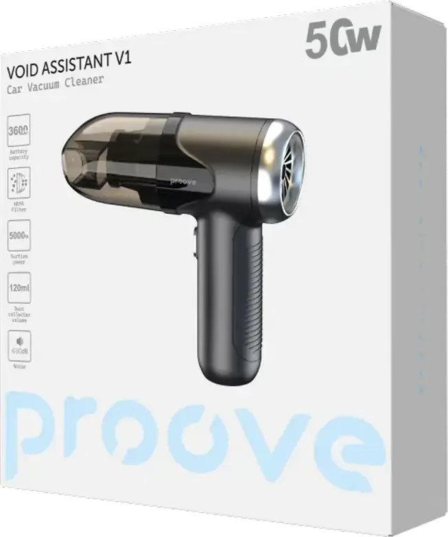 Proove Void Assistant S1 Handheld Car Vacuum Cleaner, 80W, 13000Pa Powerful Suction, 5000mAh Battery, HEPA Filter, 150ml Dust Collector, Black