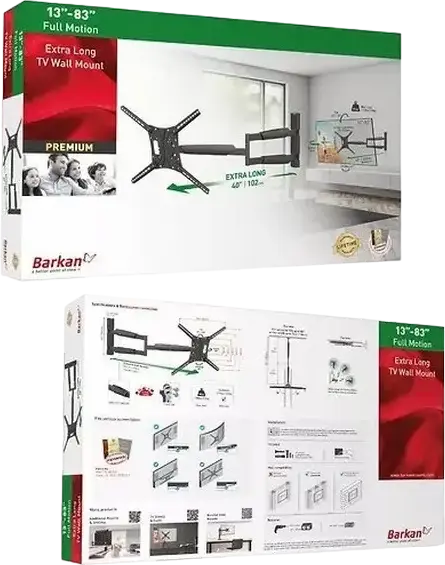 Barkan BM443XL Full Motion Extra Long TV Wall Mount, 13"-83", VESA up to 600x400mm, Max Load 60kg, Tilt +15/-5 deg, Swivel, Black