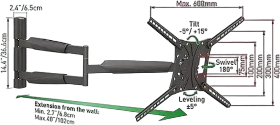Barkan BM443XL Full Motion Extra Long TV Wall Mount, 13"-83", VESA up to 600x400mm, Max Load 60kg, Tilt +15/-5 deg, Swivel, Black