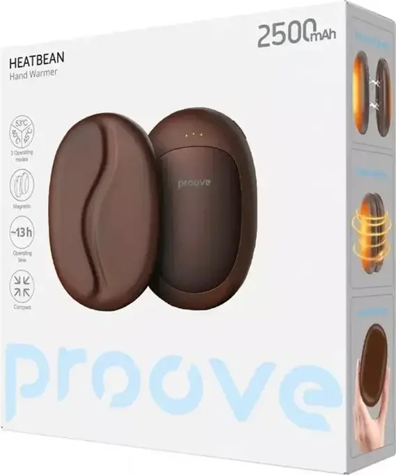 Электрический грелка для рук Proove HeatBean, аккумулятор 2500 мАч, 3 режима подогрева (40-53°C), зарядка USB Type-C, алюминиевый корпус, коричневый