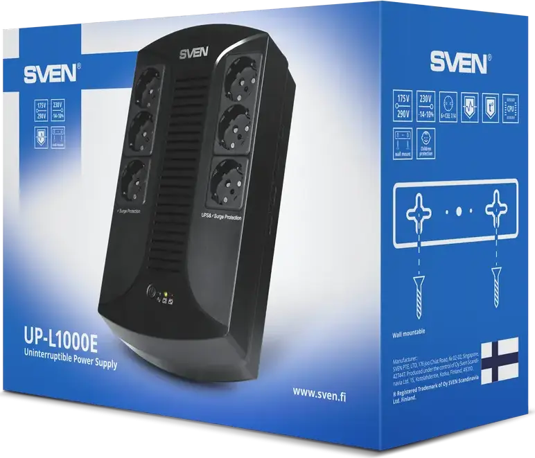 SVEN UP-L1000E Line-Interactive UPS, 1000VA / 510W, 6 Schuko Sockets, 12V 9Ah Battery, Wall Mountable, Black