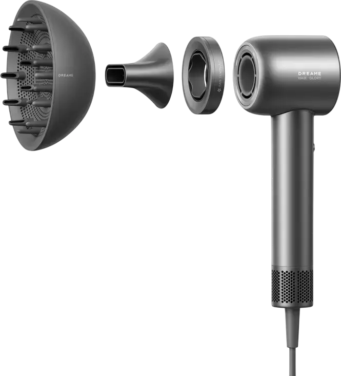 Dreame Hair Glory High-Speed Hair Dryer, 1600W Brushless Motor 110,000 rpm, 300 Million Negative Ions, 4 Temp Settings, Grey, with Diffuser and Concentrator