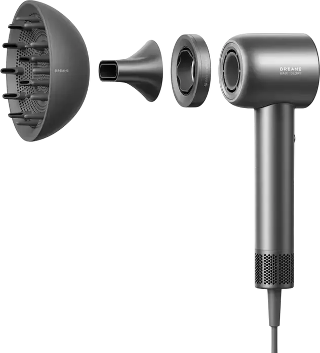 Dreame Hair Glory High-Speed Hair Dryer, 1600W Brushless Motor 110,000 rpm, 300 Million Negative Ions, 4 Temp Settings, Grey, with Diffuser and Concentrator