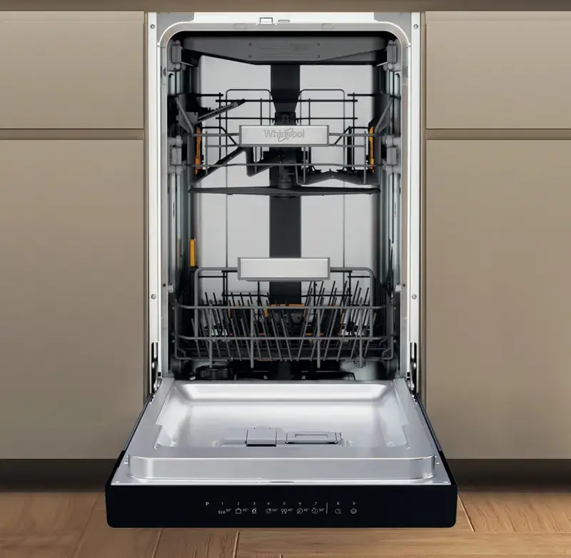 Whirlpool WH6UB10BS7A0X Slim Built-in Dishwasher, 10 Place Settings, Stainless Steel, 9 Programs, LED Display, PowerClean, AquaStop, 45cm Width