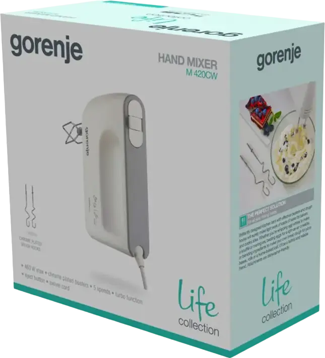 Mixer de mana Gorenje M420CW Life collection, Putere 450 W max, 5 Viteze cu functie Turbo, Carcasa din Plastic Alb, include Teluri si Spirale pentru Aluat
